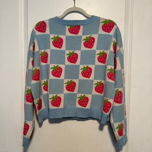 Anthropologie Luna Ivy Strawberry Blue White Checkered Sweater Size Large - Picture 8 of 13